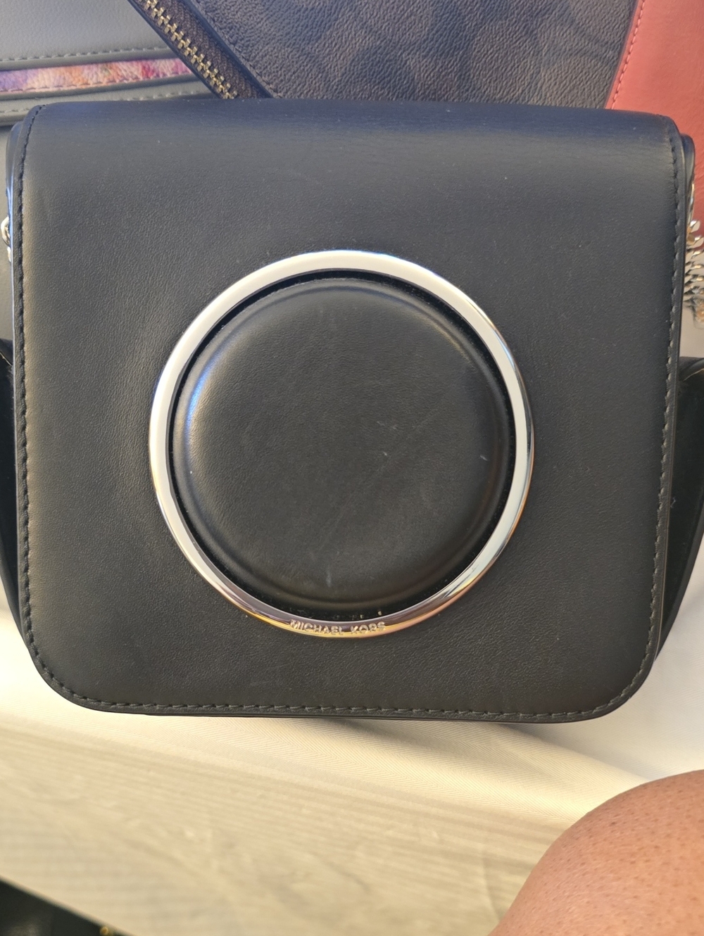 Michael Kors Black Leather Crossbody Camera Bag with Silver Ring